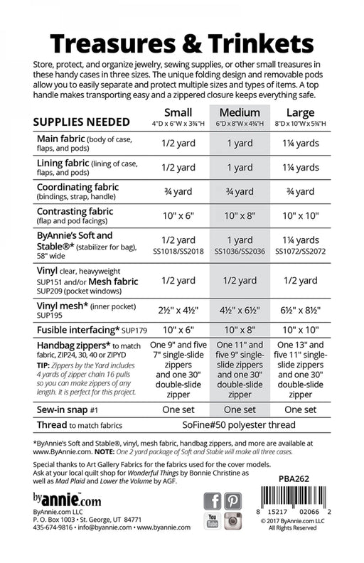 Fabric requirements chart for making jewelry storage cases from ByAnnie pattern for 'Treasures & Trinkets' jewelry storage cases 