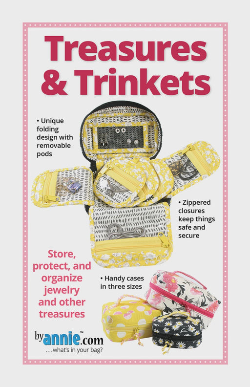 ByAnnie pattern for 'Treasures & Trinkets' jewelry storage cases with text describing features.