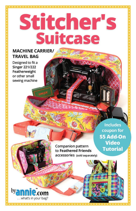 Stitcher's Suitcase sewing machine bag pattern by ByAnnie, padded carry case for Singer Featherweight 221/222 with zippered opening and storage pockets