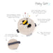 Pincushion with bee design on a white background, featuring text about its features.