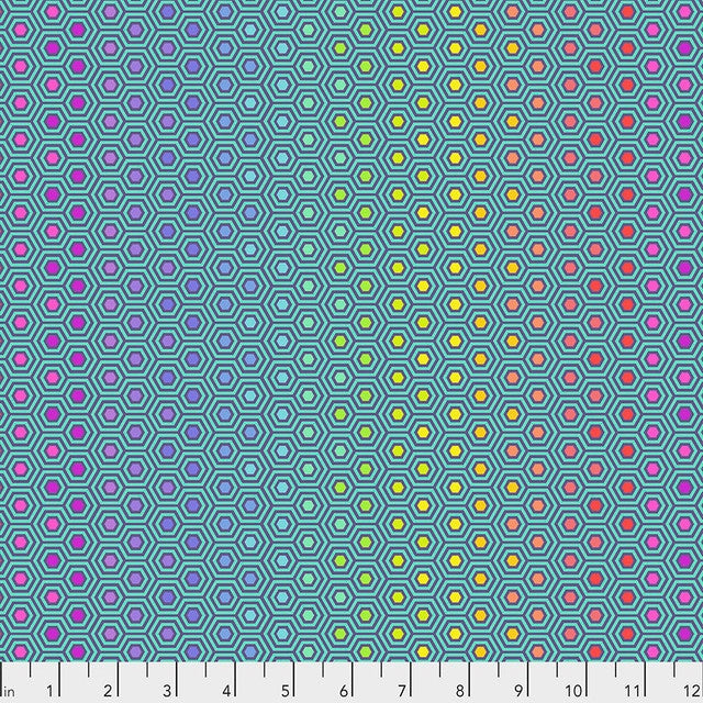 True Colors by Tula Pink - Hexy Rainbow Peacock fabric