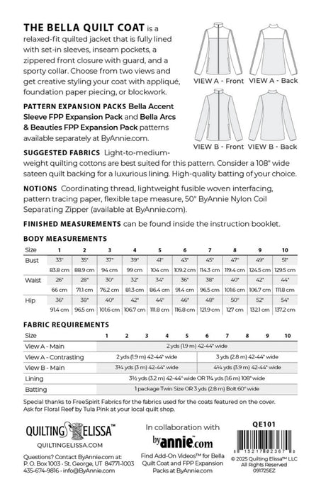 Patterned quilt coat design with fabric requirements and measurements on a white background Bella Quilt Coat pattern 