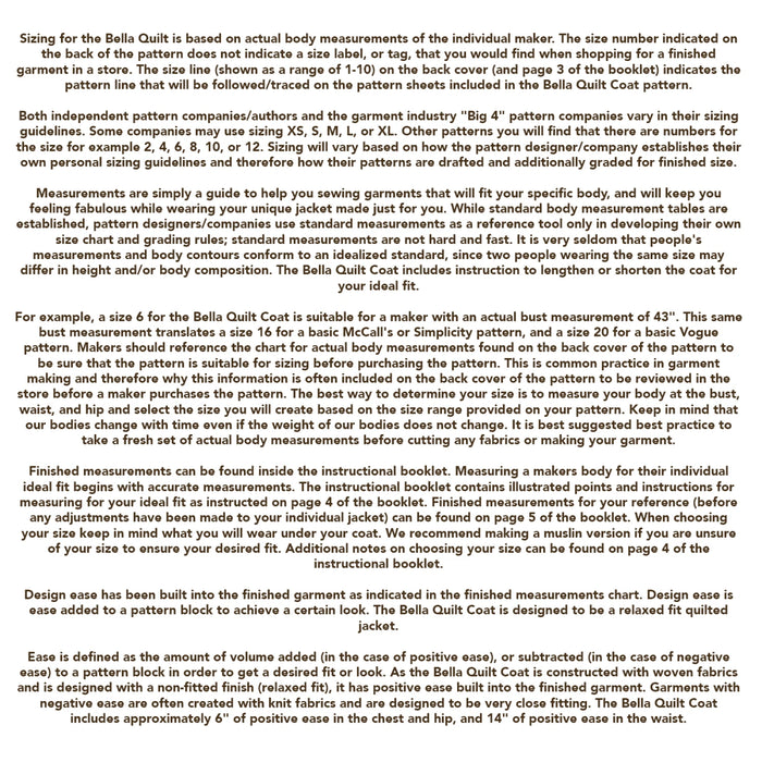 Text document explaining sizing information for the Bella Quilt Coat pattern.
