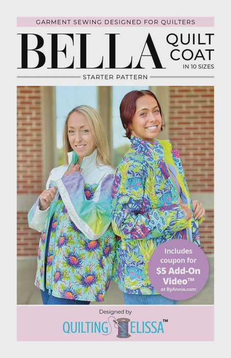 Bella Quilt Coat pattern cover with two women wearing colorful quilt coats.