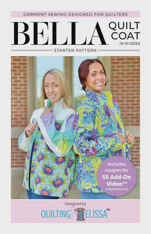 Bella Quilt Coat pattern cover with two women wearing colorful quilt coats.