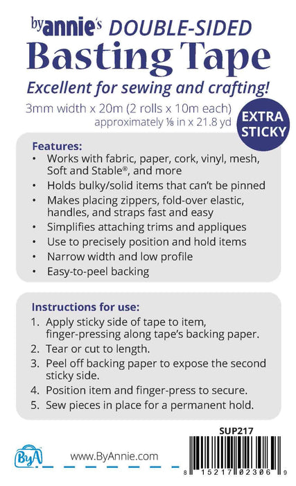 Double-sided basting tape packaging with features and instructions.
