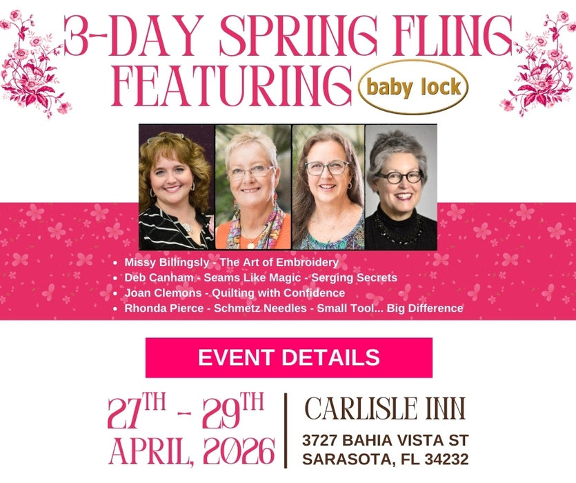 Promotional flyer for a 3-day spring event featuring Baby Lock with event details.