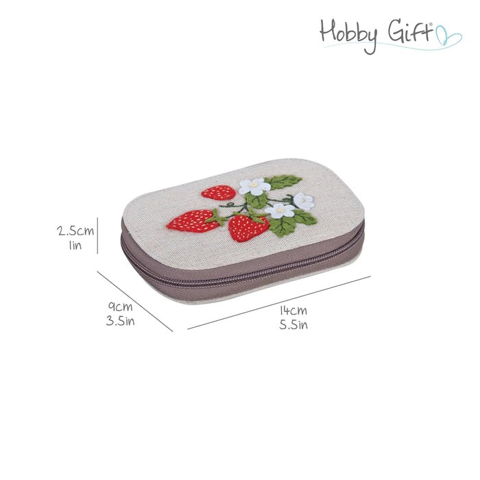 Small pouch with strawberry design and measurements on a white background