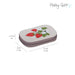 Small pouch with strawberry design and measurements on a white background