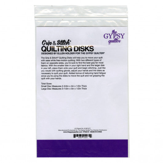 Package of 'Grip & Stitch' Quilting Disks by The Gypsy Quilter on a white background