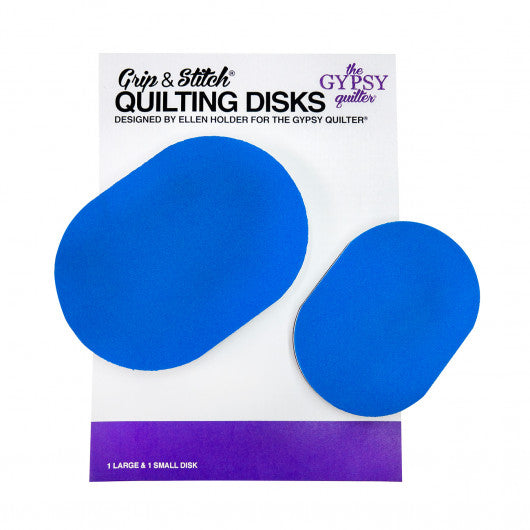 Blue quilting disks with packaging labeled 'Grip & Stitch Quilting Disks' by 'The Gypsy Quilter'.
