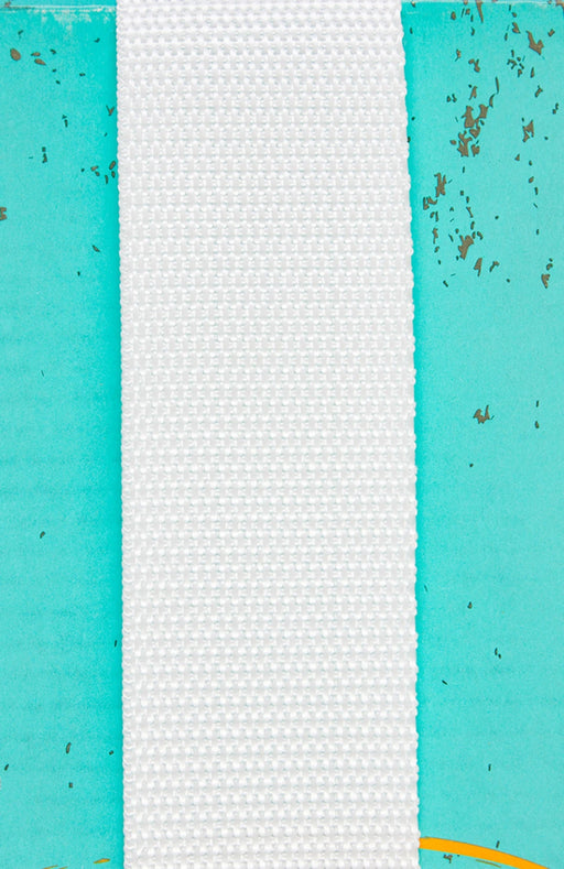 Textured white polypro strapping between two turquoise panels with specks on a textured blue background