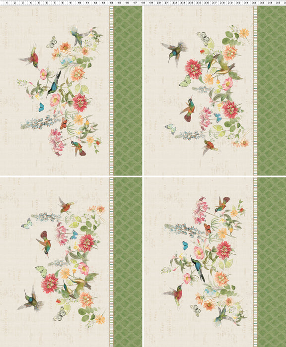 Hummingbird Days Digital 36" Fat Quarter Panel Light Khaki quilting cotton fabric by Kate Pertiet for Clothworks
