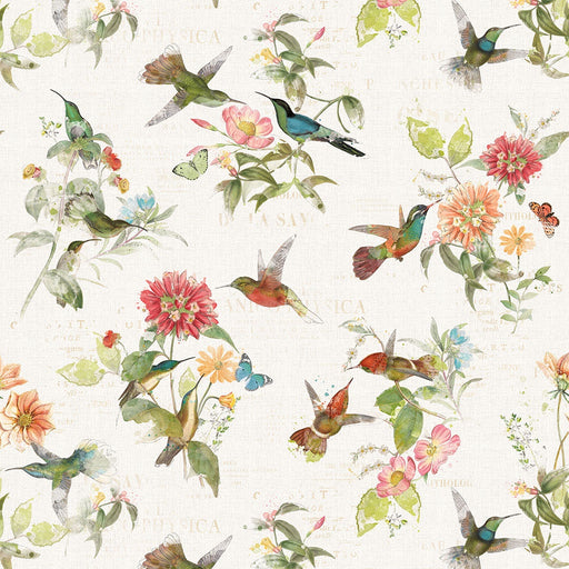 Hummingbird Days Digital Toile Light Cream quilting cotton fabric by Kate Pertiet for Clothworks

