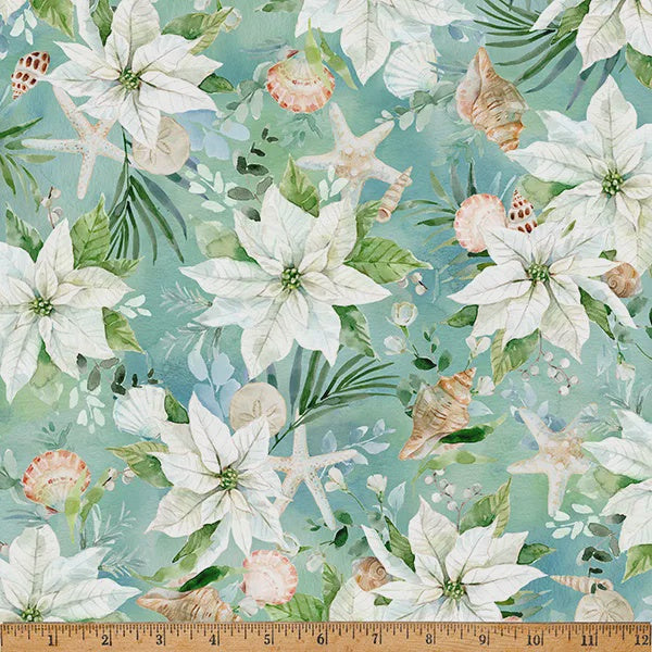 Seas & Greetings Aquamarine Poinsetta and Shells fabric