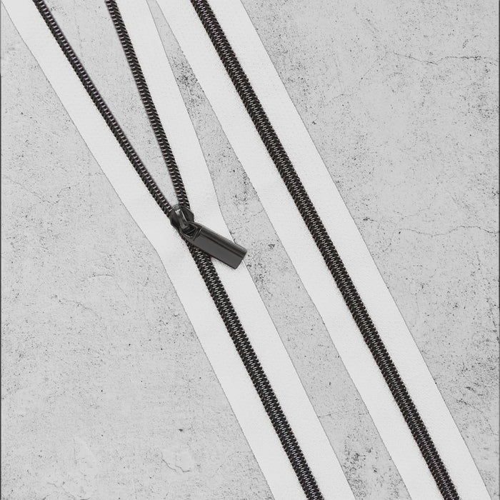 White #5 Nylon Gunmetal Coil Zippers - Sallie Tomato