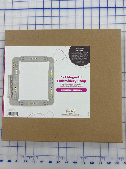 Baby Lock 5 inch x 7 inch Magnetic Embroidery Hoop EMF180 packaging on a grid background