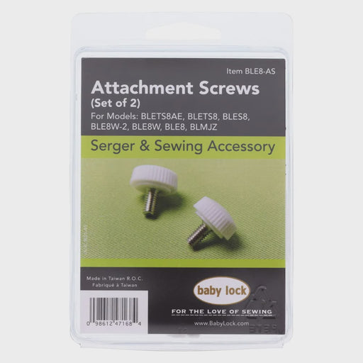 Packaging of attachment screws for serger and sewing accessories with Baby Lock branding.