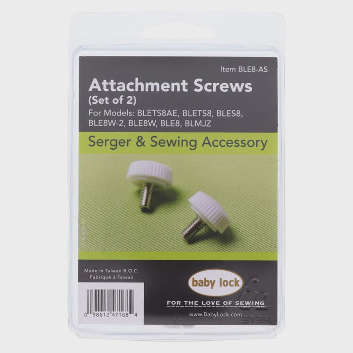 Packaging of attachment screws for serger and sewing accessories with Baby Lock branding.