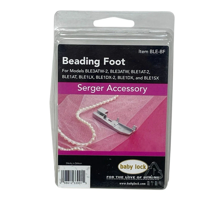 Baby Lock beading foot BLE-BF serger accessory packaging with beading foot on a white background