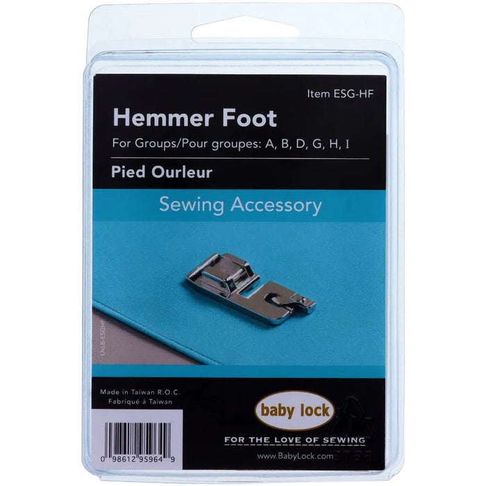 Packaging of Baby Lock Hemmer Foot sewing accessory, displaying the product and its compatibility with various sewing machine models.