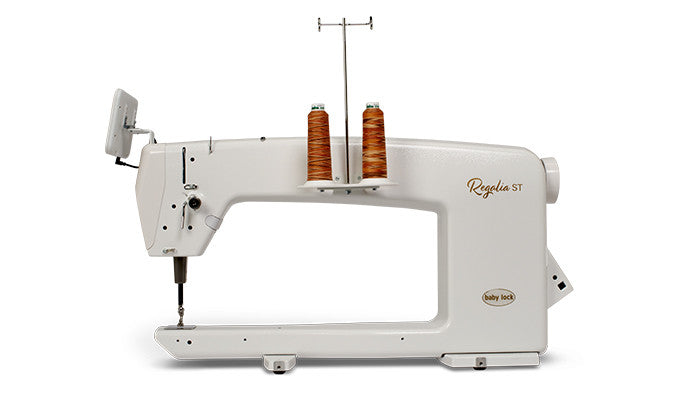 Baby lock Regalia longarm quilting machine from the side with variegated thread