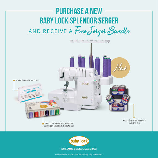 Advertisement for Baby Lock Splendor Serger bundle package free with Purchase with included accessories on a white background