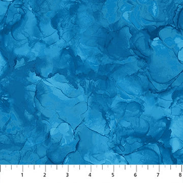 Mirage Bahama Blue quilting cotton by Deborah Edwards for Northcott — bright tropical blue fabric shown with ruler for scale