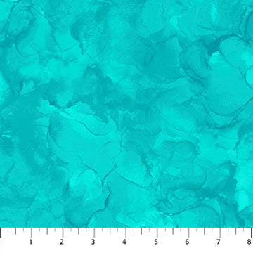 Mirage Bermuda quilting cotton by Deborah Edwards for Northcott — tropical teal green fabric shown with ruler for scale