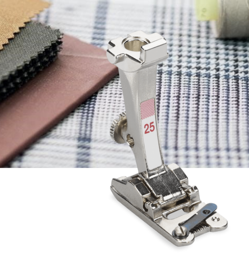 Bernina #25 Cording Presser Foot with 5 Grooves placed on a sewing table, indicating its use for couching multiple strands of yarn or ribbons in sewing.