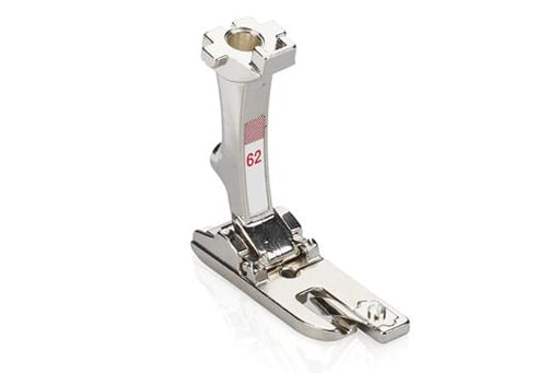 Bernina Straight Stitch Hemmer Presser Foot #62, primarily metallic in color, used for creating double-fold hems on fabrics.