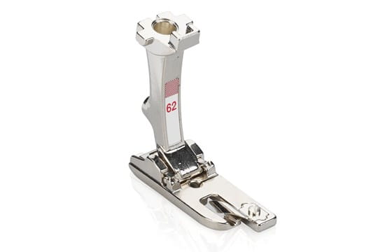 Bernina Straight Stitch Hemmer Presser Foot #62, primarily metallic in color, used for creating double-fold hems on fabrics.