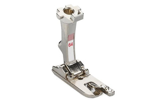 A BERNINA Straight Stitch Hemmer Presser Foot #64, primarily metallic in color, used for creating double-fold hems with straight stitch on fine fabrics.