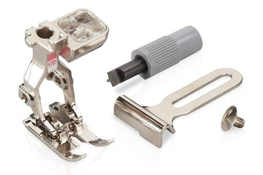 A BERNINA Patchwork Foot #97D for 9mm machines, with three side notches for precise alignment, displayed alongside its components.