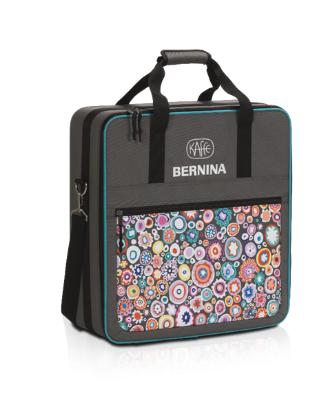 Black embroidery module case with colorful floral pattern and 'Bernina' branding on a white background