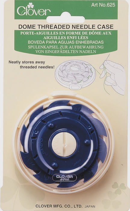 Clover Dome Threaded Needle Case packaging with needle illustration on beige background