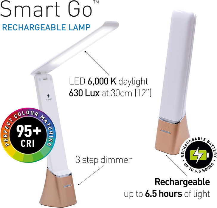 Daylight Company Smart Go Portable Ideal for Reading, Light Therapy, Everyday Tasks, Crafts, Desk Work, DIY, Led, Chargeable lamp, 1 Count (Pack of 1), White