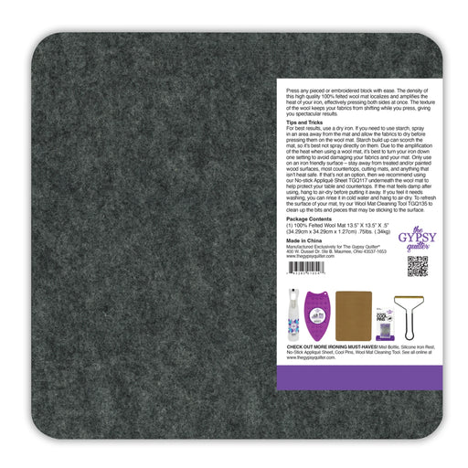 Gray felt mat with a label on the right side