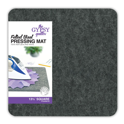 Gray felt pressing mat with 'The Gypsy Quilter' branding and product details.