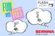 Sewing machine foot with thought bubbles and 'Fun with Feet' text on a light blue background, featuring BERNINA branding.