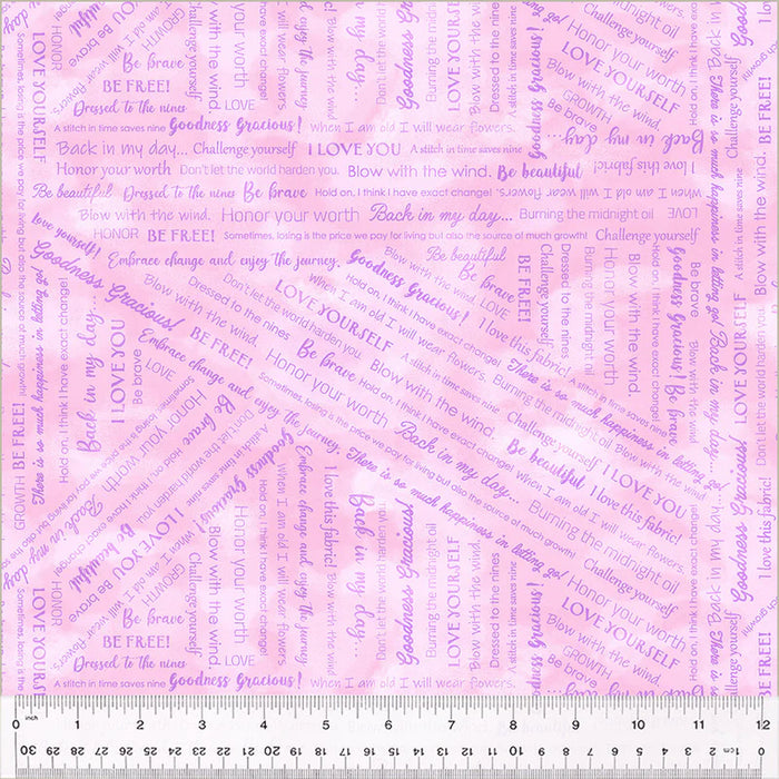 Goodness Gracious! Collaged Phrases Cotton Candy fabric yardage