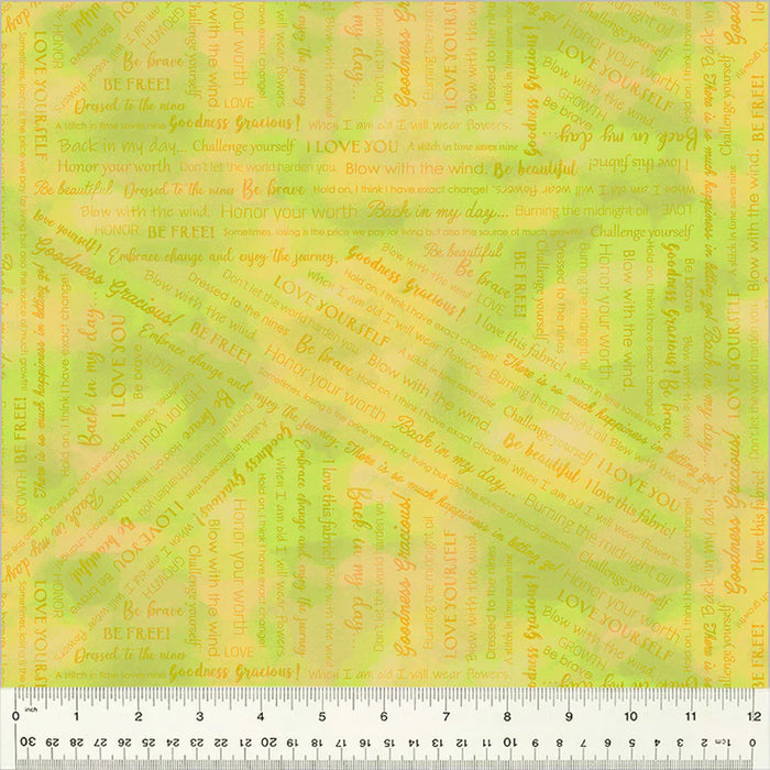 Goodness Gracious! Collaged Phrases Lime fabric yardage