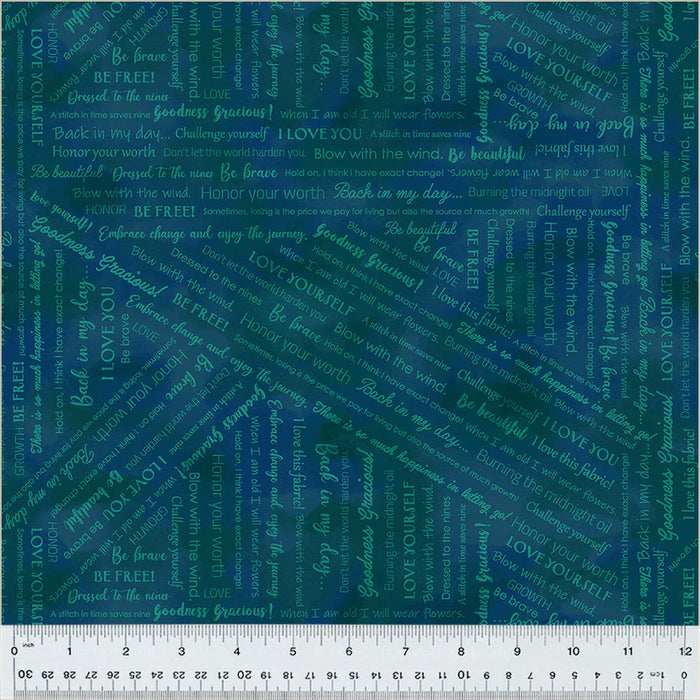 Goodness Gracious! Collaged Phrases Navy fabric yardage