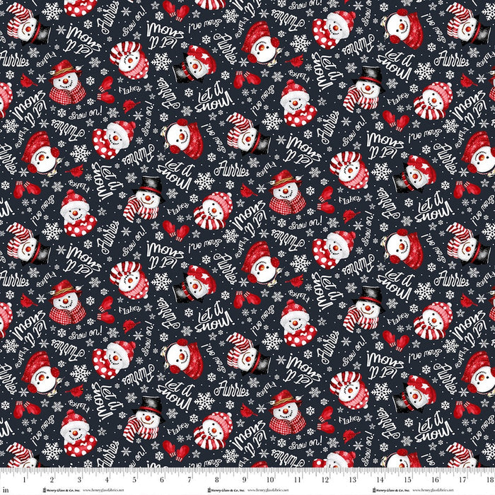 Snow Crew Flannel Snowman Faces and Words Black fabric - 1289-98 Black