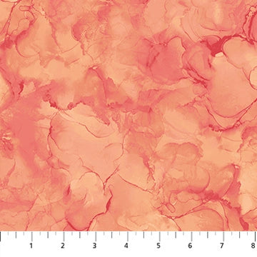 Mirage Hibiscus quilting cotton by Deborah Edwards for Northcott — vibrant coral pink fabric shown with ruler for scale