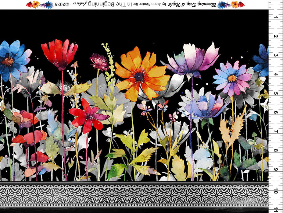 Blooming Day & Night Black Border fabric