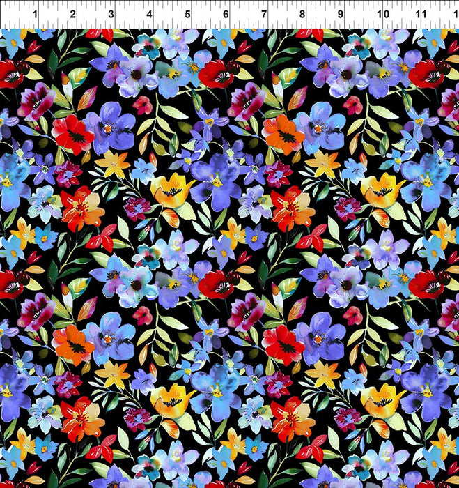 Blooming Day & Night Black Garden fabric