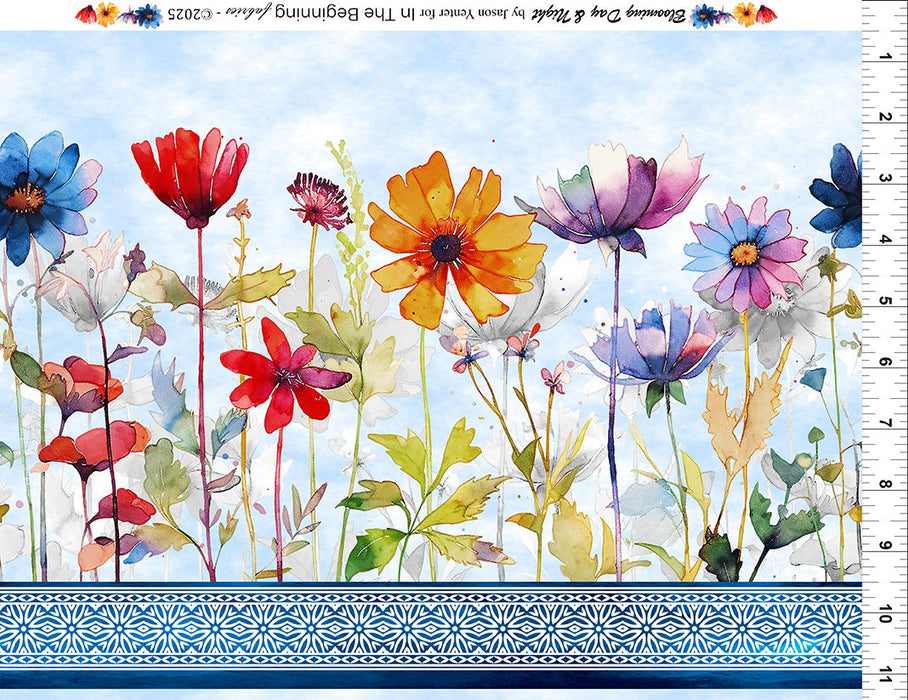 Blooming Day & Night Blue Border fabric