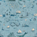  Longshore Passport Day quilting fabric by Janet Clare. 100% cotton fabric with a sailboat and lighthouse pattern on a light blue background. Ideal for coastal-themed projects.