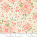 Floral pattern fabric with pink flowers and green leaves on a beige background, featuring Moda label.
